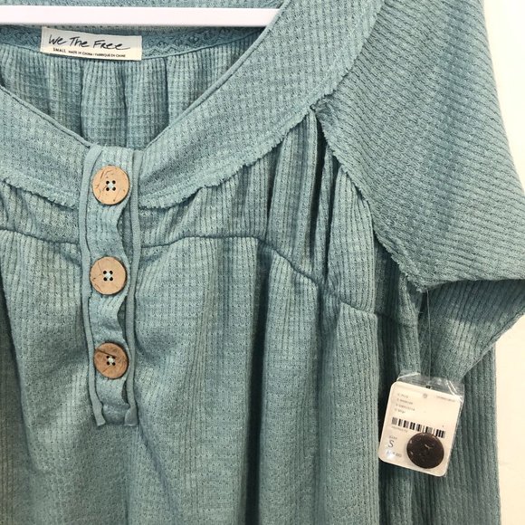 Free People Button Ribbed Oversize Sage Shirt Top - Picture 8 of 9